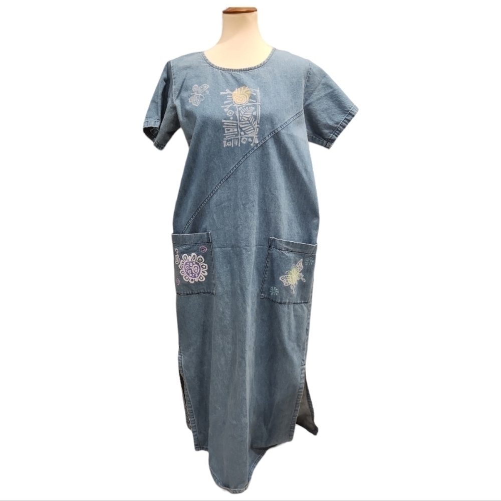Casual Embroidered Denim Maxi Dress - Blue